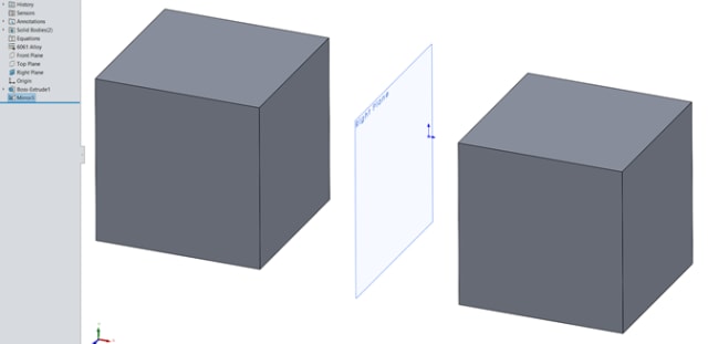 A multibody part made with the Mirror feature.