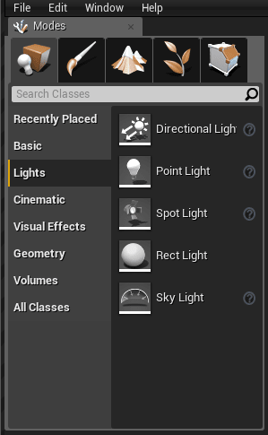 Figure 24. The Modes panel, at the left side of the screen.