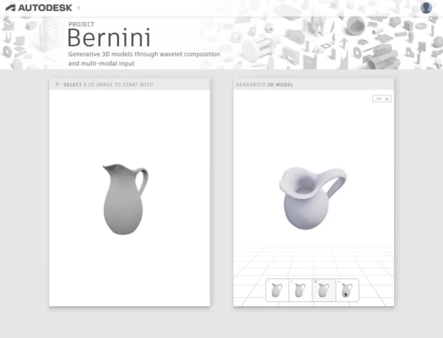 Screenshot of Autodesk’s experimental Project Bernini, which generated the 3D model on the right from the image on the left. (Image: Autodesk.)