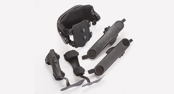 The robotic exoskeleton consists of brace worn around the hips and lower legs, and is powered by motors, batteries, electronics, and intelligent software that aids in the users’ movement. (Image courtesy of Protolabs and Indego.)