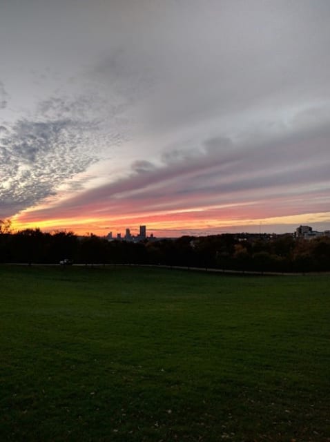 One of many beautiful sunsets after a late conference call. (Image courtesy of Drew Buchanan.)