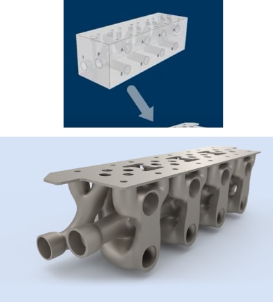 You can watch generative design at its best on a block of metal with inlet and outlet holes specified and with the commands to turn it into a hydraulic manifold with optimal flow paths and the least amount of material used, cutting across flow and structural disciplines. Done using Dassault Systèmes brand of fluid and structure generative design, pressure drop was reduced 37 percent and weight by 80 percent. (Picture courtesy of Dassault Systèmes.)