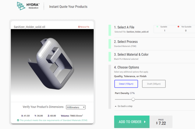 Easy 3D print ordering system by MakerOS on the Hydra Research site. Price is updated immediately with each variation. (Picture courtesy of Hydra Research)