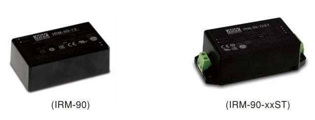 The MEAN WELL IRM-90. Left: PCB mounting style model. Right: screw terminal style model. (Image courtesy of MEAN WELL.)
