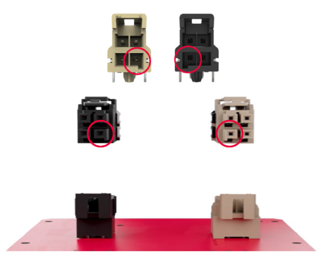 An example of mechanical keying shown with Molex Nano-Fit power connectors. (Image: Molex.)