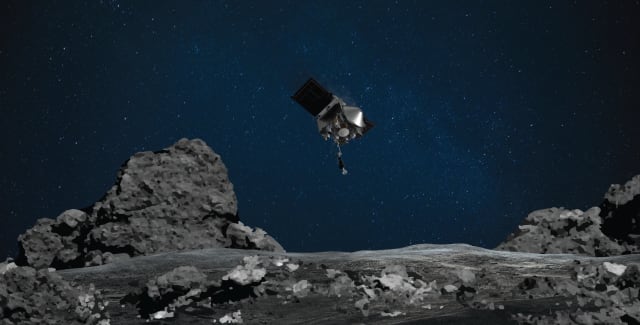 NASA’s OSIRIS-REx preparing to touch the surface of asteroid Bennu. (Photo courtesy of NASA/Goddard/University of Arizona.)