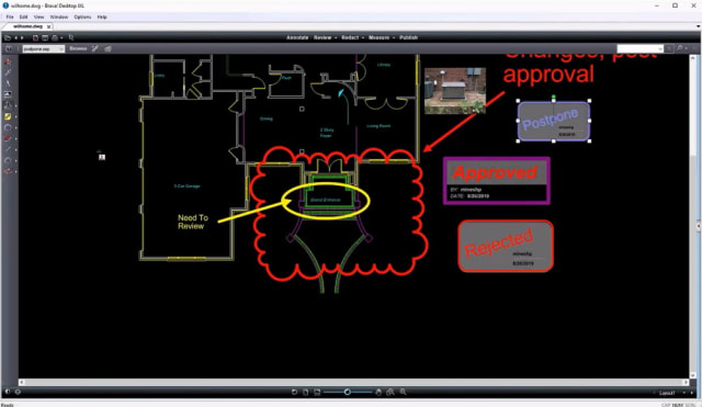 The same DWG file as above, with irrelevant layers hidden and a number of additional annotations, including pictures and stamps. (Image courtesy of OpenText.)
