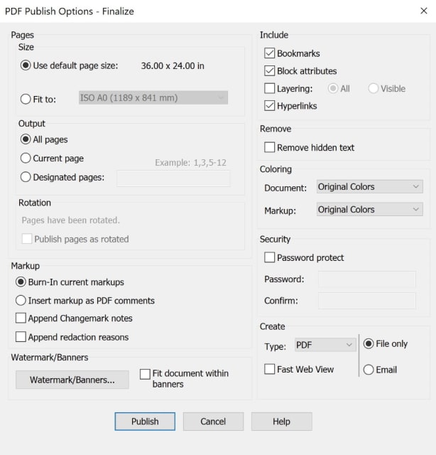 Options for publishing a file to PDF in Brava! (Image courtesy of OpenText.)