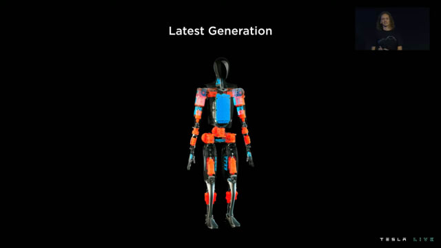 Optimus’ actuators highlighted in orange, with its electrical components shown in blue. (Source: Tesla.)