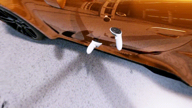Interacting with an Omniverse scene in ray traced VR. Note the fidelity of the reflections. (Source: NVIDIA.)