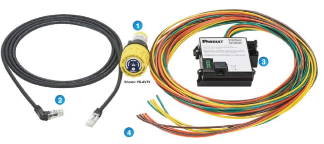 The AVT simplifies worker safety near electrical machinery and equipment. It consists of (1) the indicator module, (2) the system cable, (3) the isolation module, and (4) the sensor and ground leads. (Image courtesy of Panduit.)