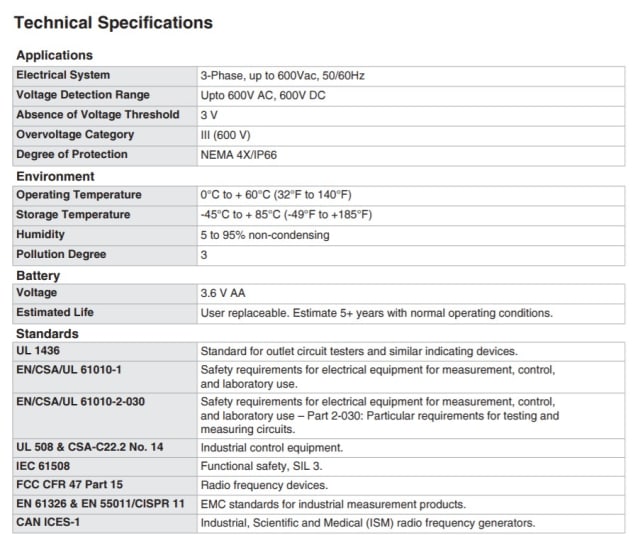 The technical specifications of the VeriSafe Absence of Voltage Tester. (Image courtesy of Panduit.)