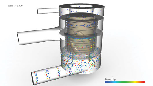 Figure 8. Analysis of the entire system using particle tracking before design improvement. (Image courtesy of AIKAWA Iron Works and Hexagon.)