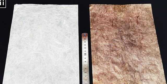 The difference between paper prior to metallization (left) and the paper coated with conductive nanoparticles. (Image courtesy of Yongmin Ko.)