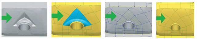 An existing part can be scanned, but if the next version of the part needs to be modified, PolyWorks Modeler will accommodate you. A digitized polygonal model, on the left, has a feature removed and is rebuilt. The curves and patches of the feature are removed, and new curves and patches are added and made into the final surface model shown on right. (Picture courtesy of InnovWorks.)