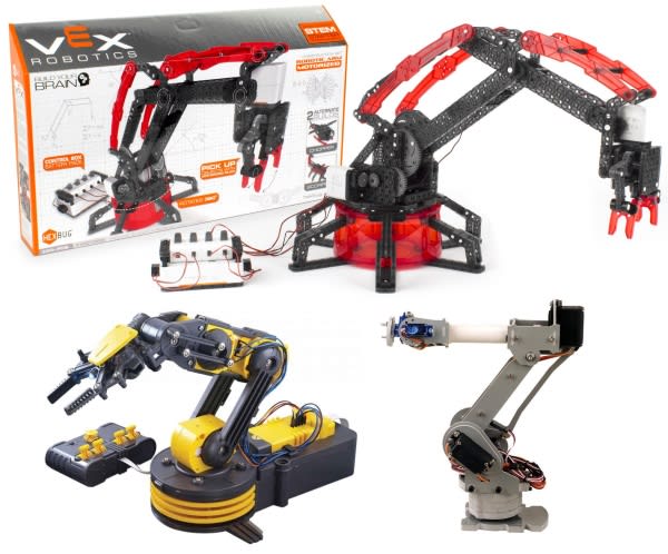 Top: HEXBUG VEX Motorized Robotic Arm. Bottom: OWI Robotic Arm Edge, and SainSmart 6-Axis Robotic Arm.