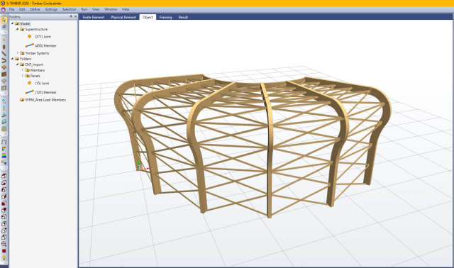S-FRAME TIMBER software shows a curved column and beam design. (Image courtesy of Altair.)