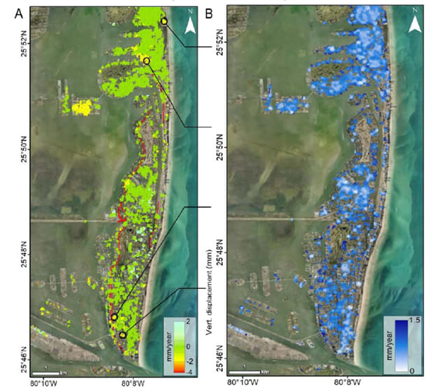 Figure 5 Velocities of subsidence and uncertainty of satellite measurement of Miami Beach. (Picture courtesy of FIU)