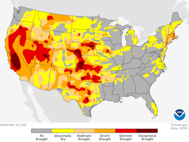 A drought map of the United States as of September 13th, 2022. (Image courtesy of Climate.gov.)