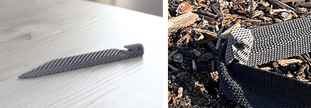 Finished 3D printed tent stake (left), and field testing (right). (Image: Drew Buchanan.)