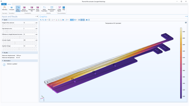Results from the Thermal Actuator Surrogate Model app. (Image: COMSOL).