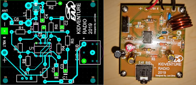 The KidVenture radio circuit layout and board. (Images courtesy of Levi Zima.)