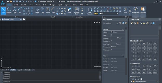 Without making any changes during installation, the workspace defaults to 2D drafting and annotation, which is very familiar. The other out-of-the box option is the ZWCAD Classic workspace.