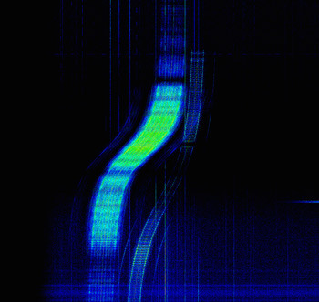 Figure 4. A waterfall plot showing the recorded transmissions of Delfi-C3 as it passed over Iceland and its sister satellite, Delfi-n3Xt, as it passed over the ground station at TU Delft.