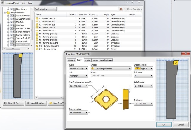 Turning tool selection in HSMWORKS.
