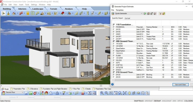 3D CAD model of house and its material list. Image courtesy of Cadsoft.