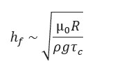 Thickness equals the square root of the fluid’s viscosity, times the mold’s radius, divided by the curing time of the polymer, times the polymer’s density and the acceleration of gravity as the polymer flows down the mold.