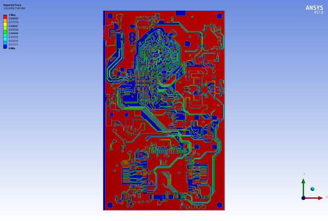 Trace metal mapping simulates PCB properties under thermal loading. (Image courtesy of ANSYS.)