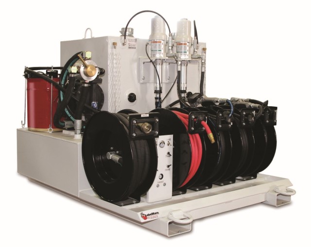 Figure 2: A LubeMate Skid produced by Valley Industries. Skids are produced in a wide variety of configurations, with different tanks, hose and pump requirements. Image courtesy of Valley Industries.