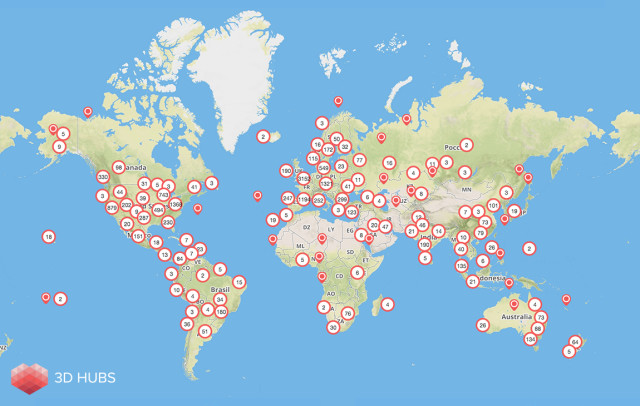 3D Hubs locations all around the globe. (Image courtesy of 3D Hubs.)