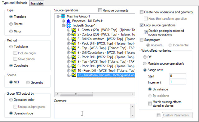Figure 2. The Type and Methods transform toolpath window.