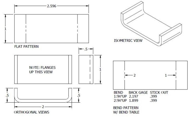 Figure 4. A simple part with two bends. The bend table at the bottom right of the image includes the critical back gage and stick out measurements used to create the part. Leacox has created a technique to automatically calculate these values in Solid Edge. Image courtesy of Scott Leacox.