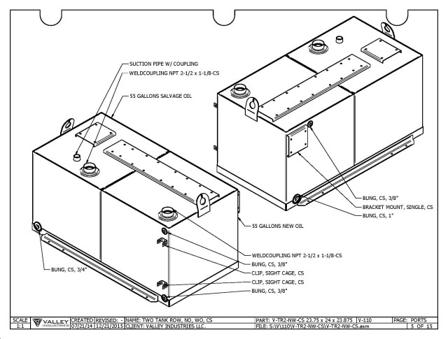 Figure 6. Sheet metal tanks as produced by Valley Industries. The actual specifications for building this part cover 10 pages of drawing and data. Leacox sets the sizes of the tanks and has automated the process to create the necessary bend tables for the shop to fold the finished pieces. Using Solid Edge has resulted in more accurate measurements, allowing faster assembly and welding of the final parts. Image courtesy of Scott Leacox.
