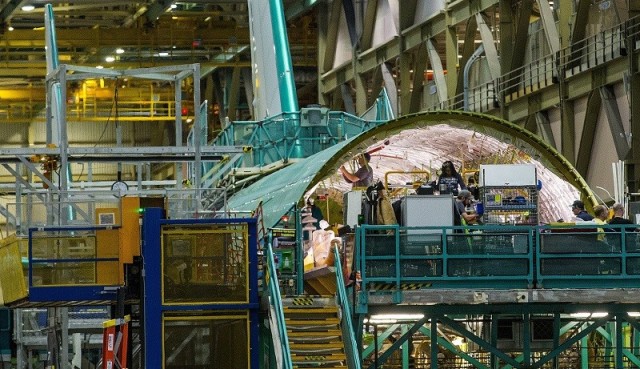 The Boeing 777 production line at the Everett, Washington plant. (Image courtesy of Mike Siegel/The Seattle Times.)