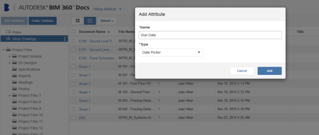 BIM 360 Docs enables users to identify and add attributes to files and folders. (Image courtesy of Autodesk.)