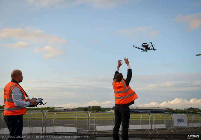 At the 2016 Farnborough Airshow, Airbus utilized the A350 XWB on static display area to demonstrate its process for inspecting aircraft by drone – which is planned to be used on completed production aircraft prior to customer delivery. (Image courtesy of Airbus.)