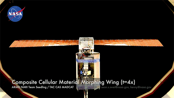 A test version of the deformable wing designed by the MIT and NASA researchers is shown undergoing its twisting motions, which could replace the need for separate, hinged panels for controlling a plane's motion. (Image courtesy of Kenneth Cheung/NASA.)