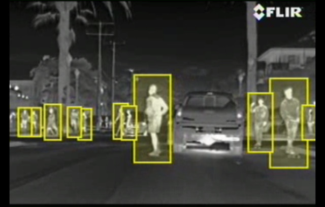 Thermal imaging used to detect pedestrians. (Image courtesy of FLIR.)