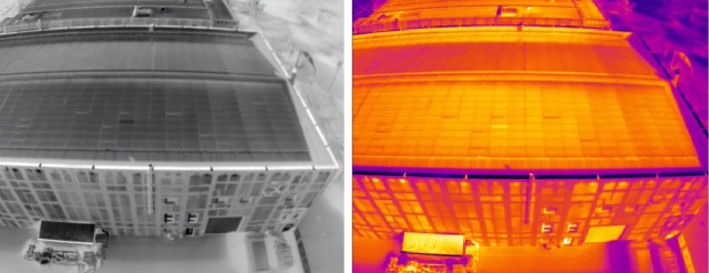 Inspecting solar panels on a roof using thermal imaging. (Image courtesy of FLIR.)