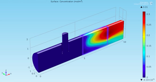 A catalytic bed reactor with an injection needle is simulated and improved upon using COMSOL’s chemical reaction engineering module. (Image courtesy of COMSOL.)