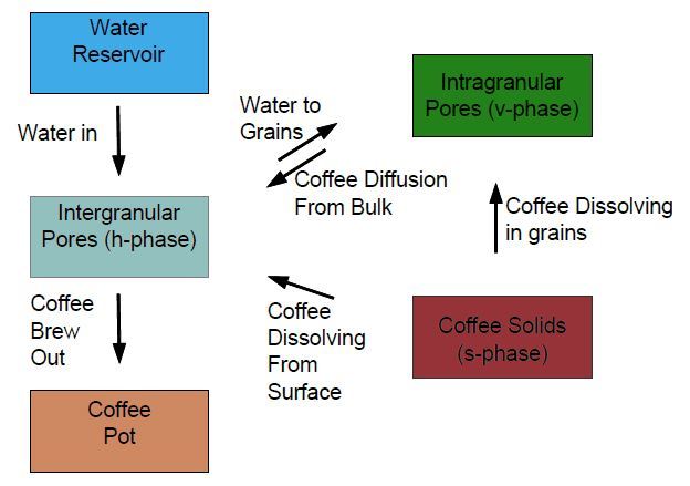 Transfers included in the coffee extraction model (reproduced from Moroney et al, “Modelling of coffee extraction during brewing using multiscale methods: An experimentally validated model,” The diagram shows the transfers of water and coffee which are described by the coffee extraction model presented in the published research. (Image courtesy of Kevin M. Moroney.)