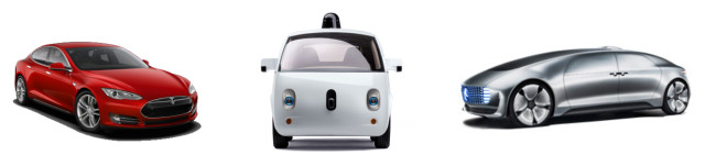 From left to right, the Tesla Model S, Google’s homemade self-driving prototype, and the Mercedes F 105 autonomous research vehicle. (Images courtesy of Tesla Motors, Google and Mercedes-Benz respectively.)