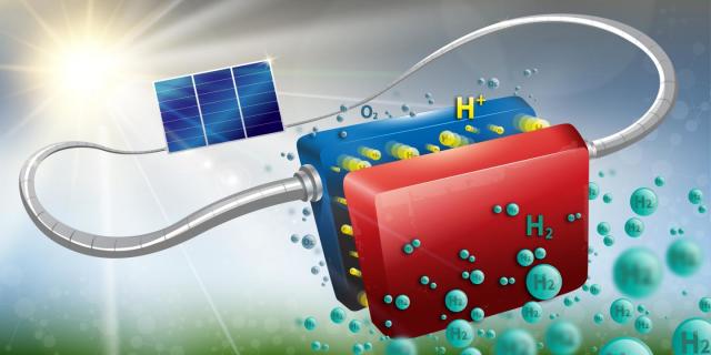A new device is able convert solar energy into hydrogen at a rate of 14.2 percent and has already been run for more than 100 hours straight. (Image courtesy of Infini Lab/EPFL.)