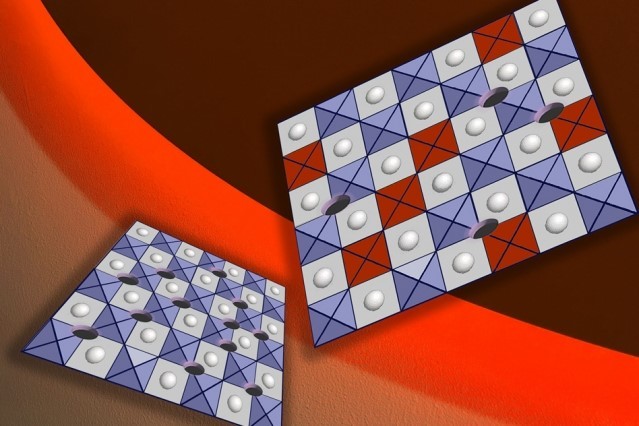 This image shows oxygen vacancies as “holes” on the bottom left figure, which cause intense chemical reactivity. These vacancies are filled by oxygen when atoms of another element (in red) are added to the surface. This slows down both the rate of reactions that will degrade the surface and inhibit the performance of the fuel cell. (Image courtesy of Felice Frankel/MIT.)