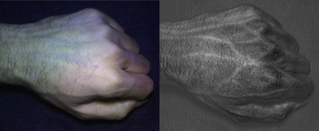 Compared to an image taken with a normal camera (left), HyperCam images (right) reveal detailed vein and skin texture patterns that are unique to each individual. (Image courtesy University of Washington.)