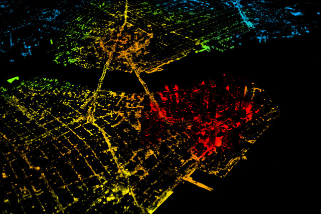 Nighttime image of New York City, with the red showing a large population density. (Image courtesy of Doc Searles/MIT.)